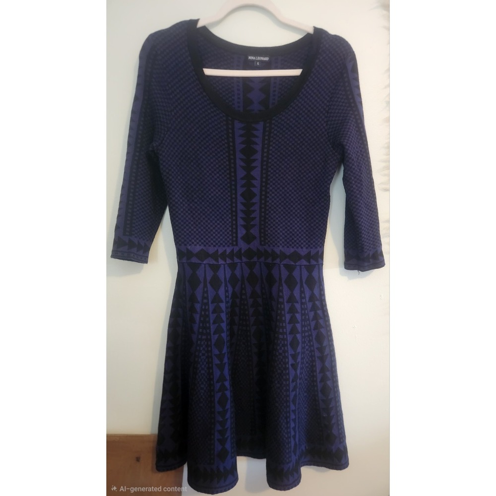 Womens Nina Leonard Sweater Dress Black And Blue Geometric Size Large